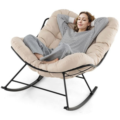 Oversized Papasan Patio Rocking Chair with Padded Cushion and Metal Frame-Beige