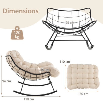Oversized Papasan Patio Rocking Chair with Padded Cushion and Metal Frame-Beige