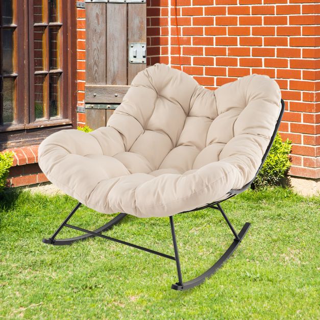 Oversized Papasan Patio Rocking Chair with Padded Cushion and Metal Frame-Beige