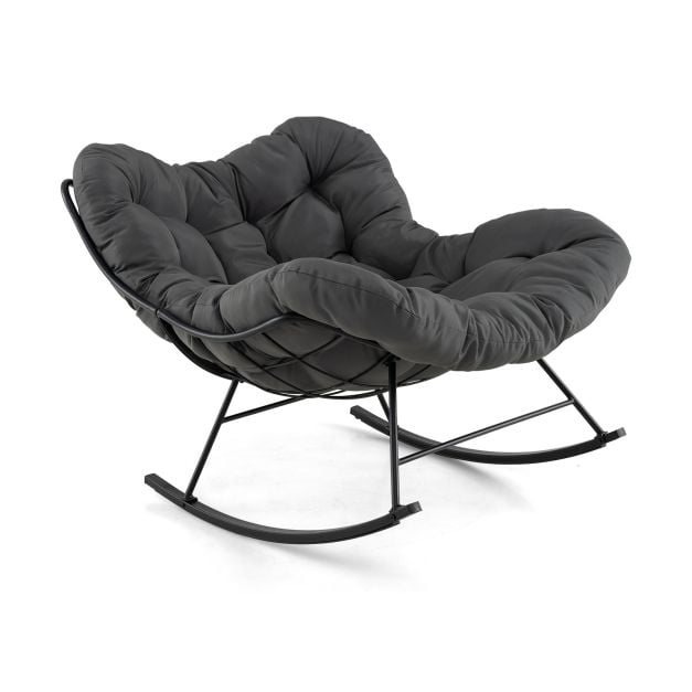 Oversized Papasan Patio Rocking Chair with Padded Cushion and Metal Frame-Grey