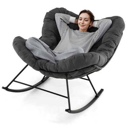 Oversized Papasan Patio Rocking Chair with Padded Cushion and Metal Frame-Grey