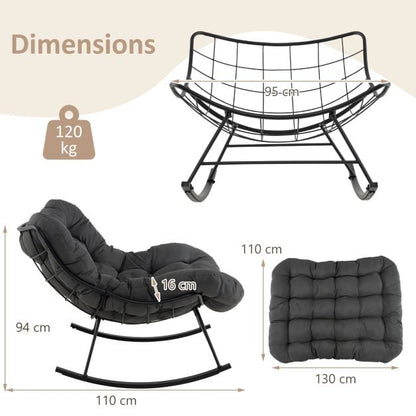 Oversized Papasan Patio Rocking Chair with Padded Cushion and Metal Frame-Grey