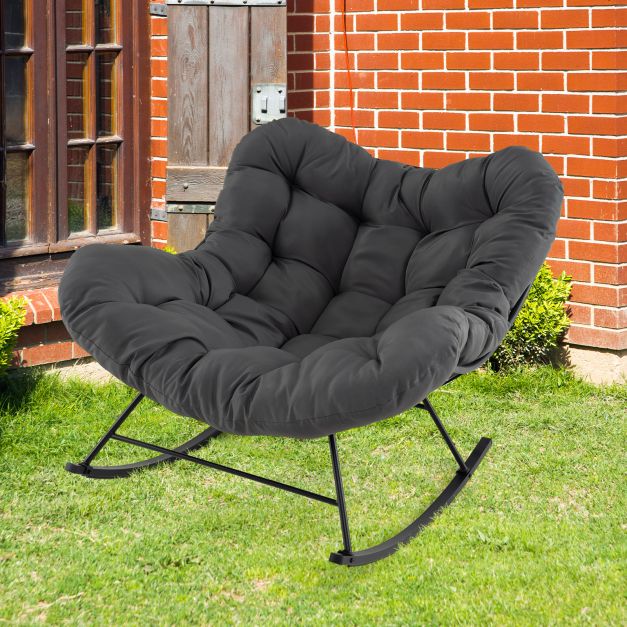 Oversized Papasan Patio Rocking Chair with Padded Cushion and Metal Frame-Grey