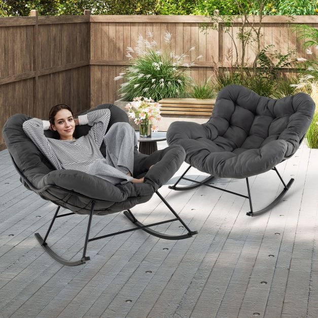Oversized Papasan Patio Rocking Chair with Padded Cushion and Metal Frame-Grey