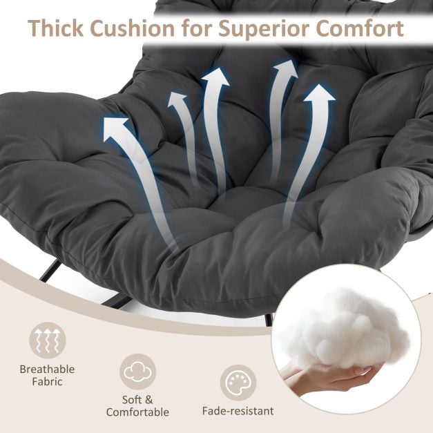Oversized Papasan Patio Rocking Chair with Padded Cushion and Metal Frame-Grey