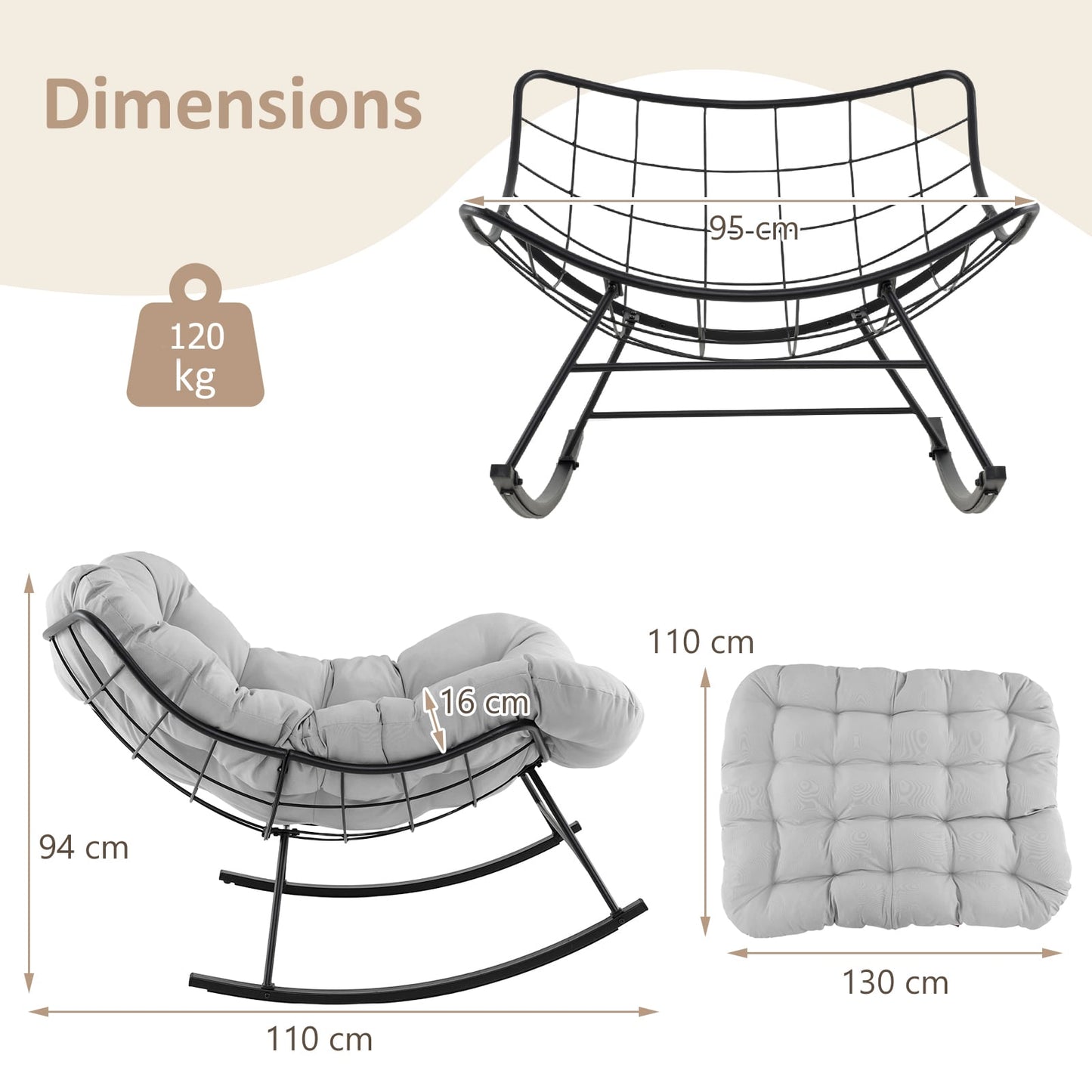 Indoor Outdoor Rocking Chair Oversized Egg Papasan Chair-Light Grey
