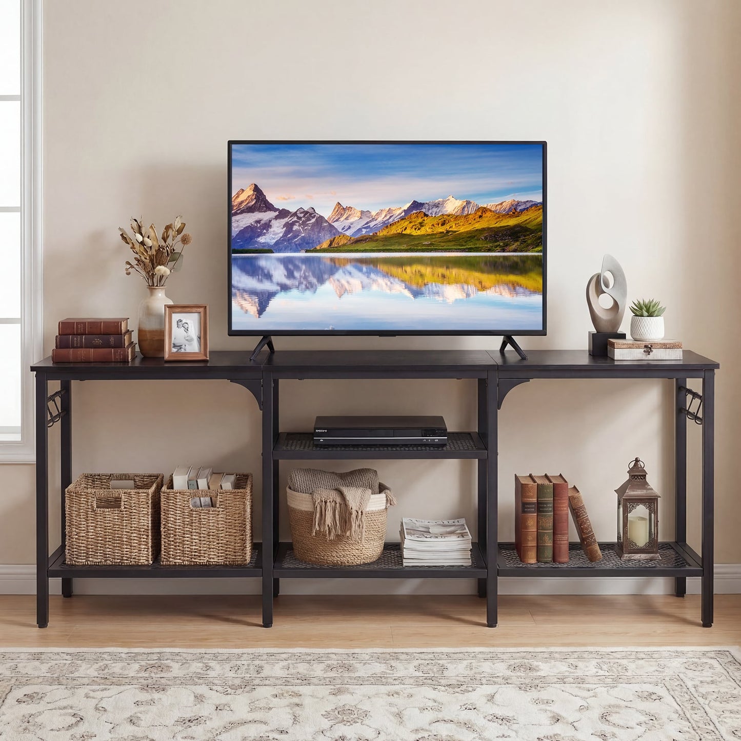 Industrial Entertainment TV Stand for 65" TVs with Metal Mesh Shelves and 4 Hanging Hooks-Black
