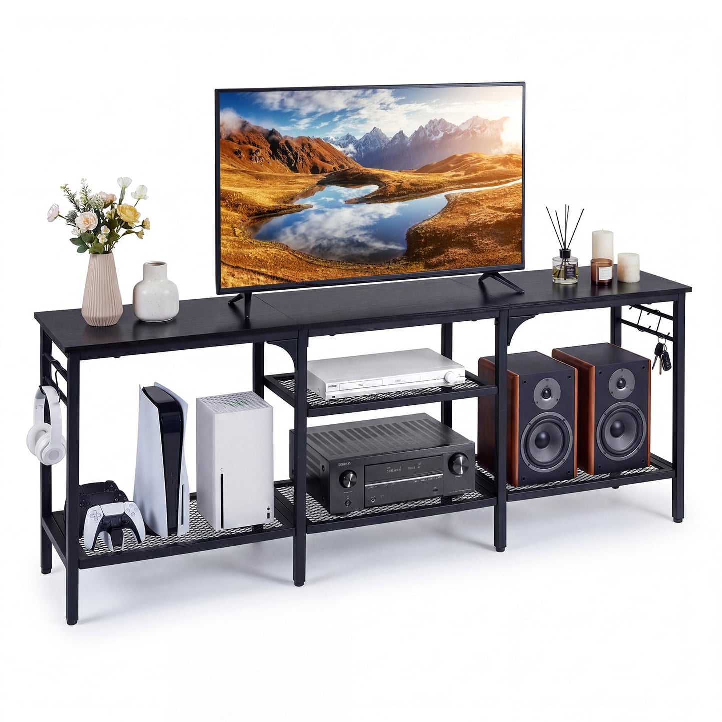 Industrial Entertainment TV Stand for 65" TVs with Metal Mesh Shelves and 4 Hanging Hooks-Black