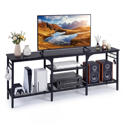 Industrial Entertainment TV Stand for 65" TVs with Metal Mesh Shelves and 4 Hanging Hooks-Black