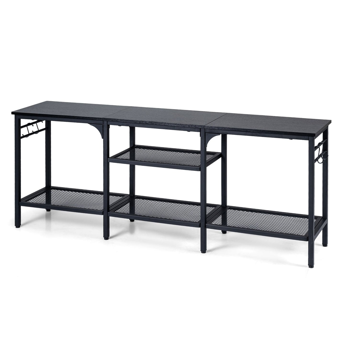 Industrial Entertainment TV Stand for 65" TVs with Metal Mesh Shelves and 4 Hanging Hooks-Black