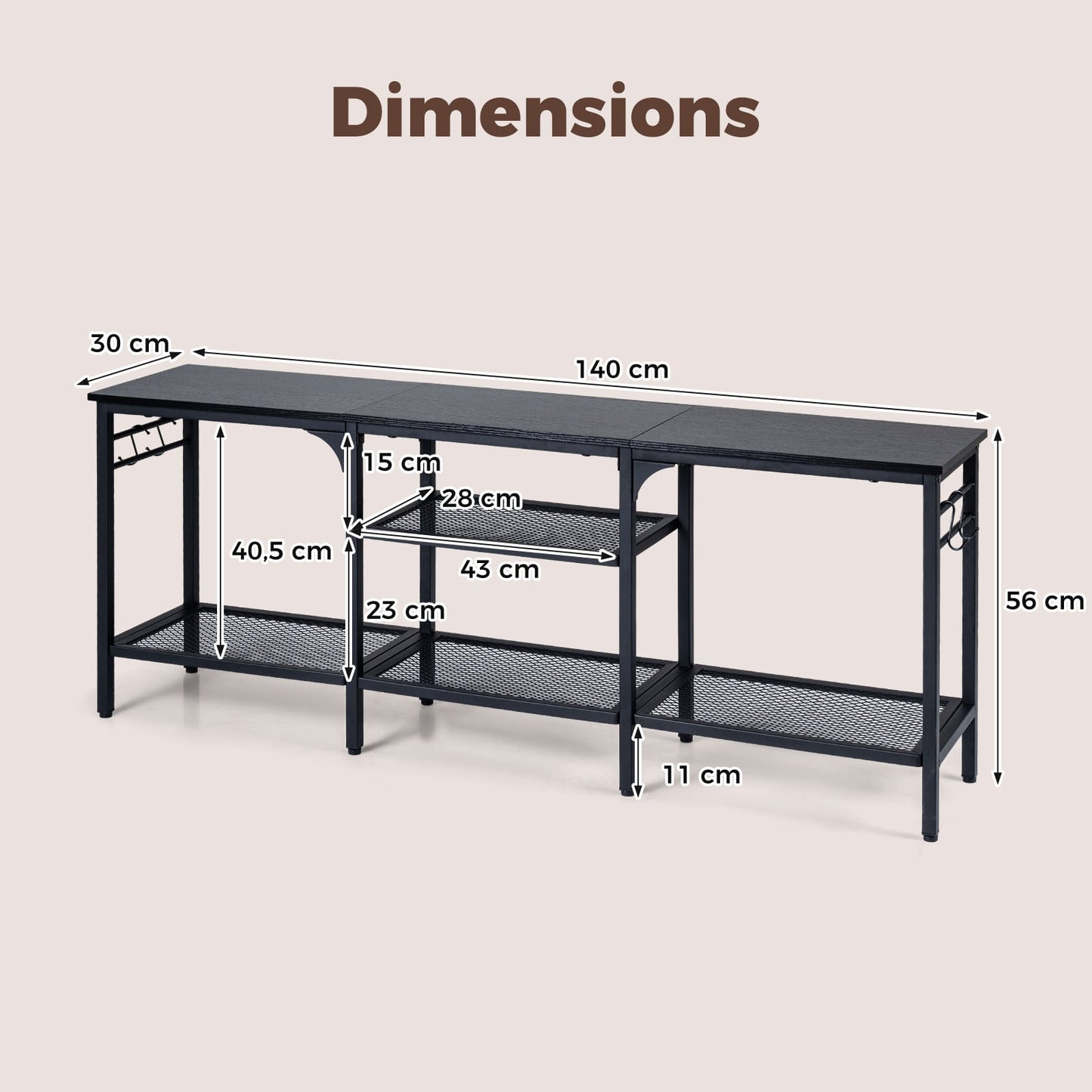Industrial Entertainment TV Stand for 65" TVs with Metal Mesh Shelves and 4 Hanging Hooks-Black