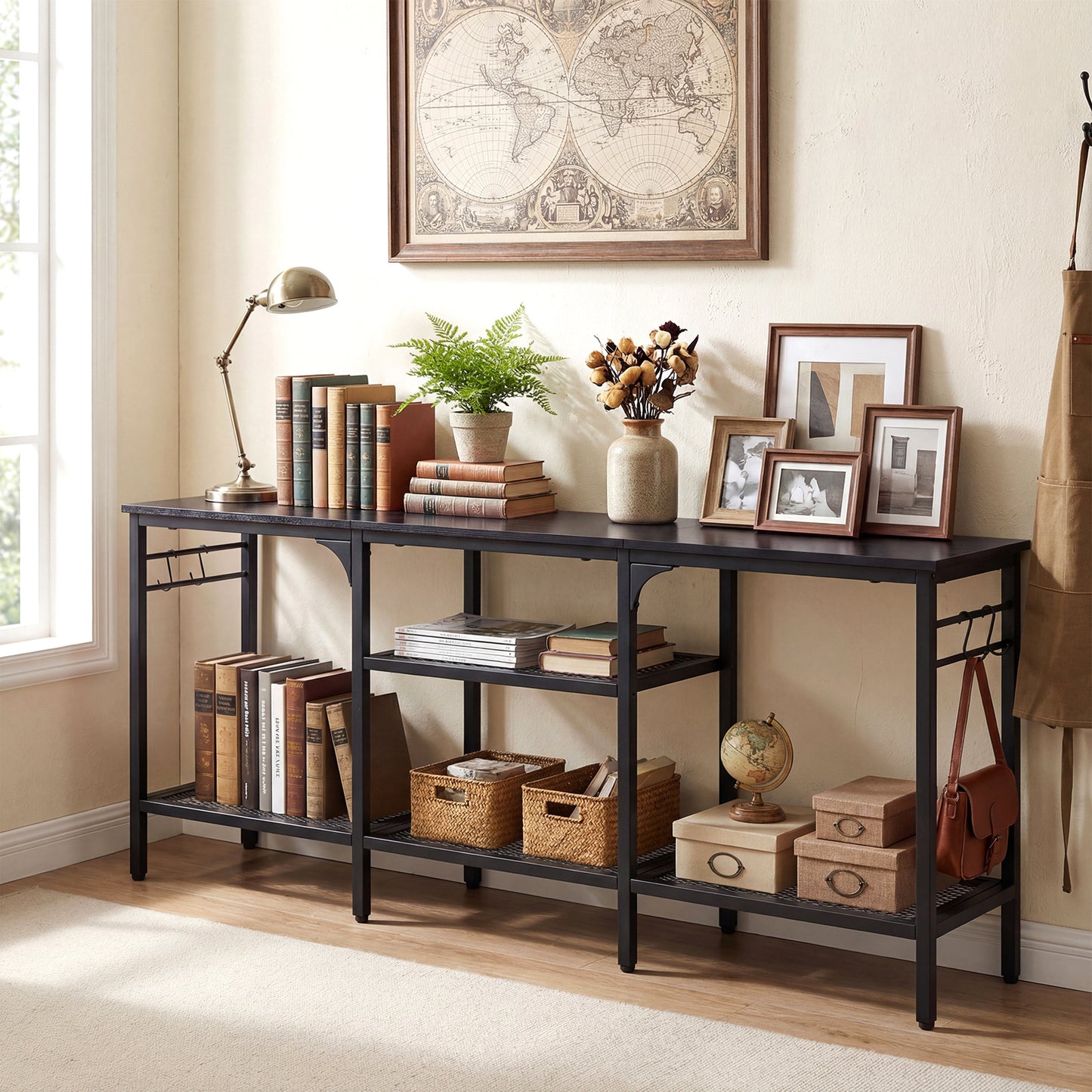 Industrial Entertainment TV Stand for 65" TVs with Metal Mesh Shelves and 4 Hanging Hooks-Black