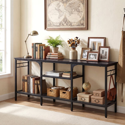 Industrial Entertainment TV Stand for 65" TVs with Metal Mesh Shelves and 4 Hanging Hooks-Black