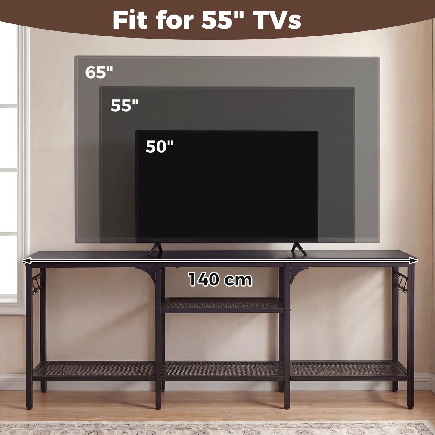Industrial Entertainment TV Stand for 65" TVs with Metal Mesh Shelves and 4 Hanging Hooks-Black