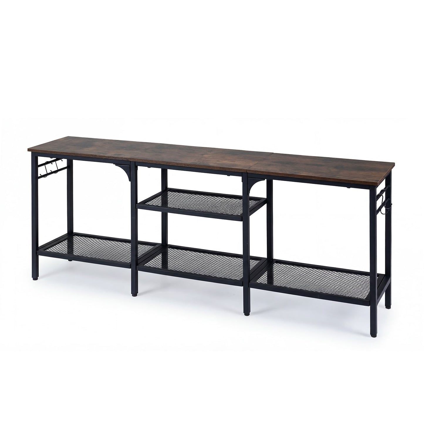 Industrial Entertainment TV Stand for 65" TVs with Metal Mesh Shelves and 4 Hanging Hooks-Rustic Brown