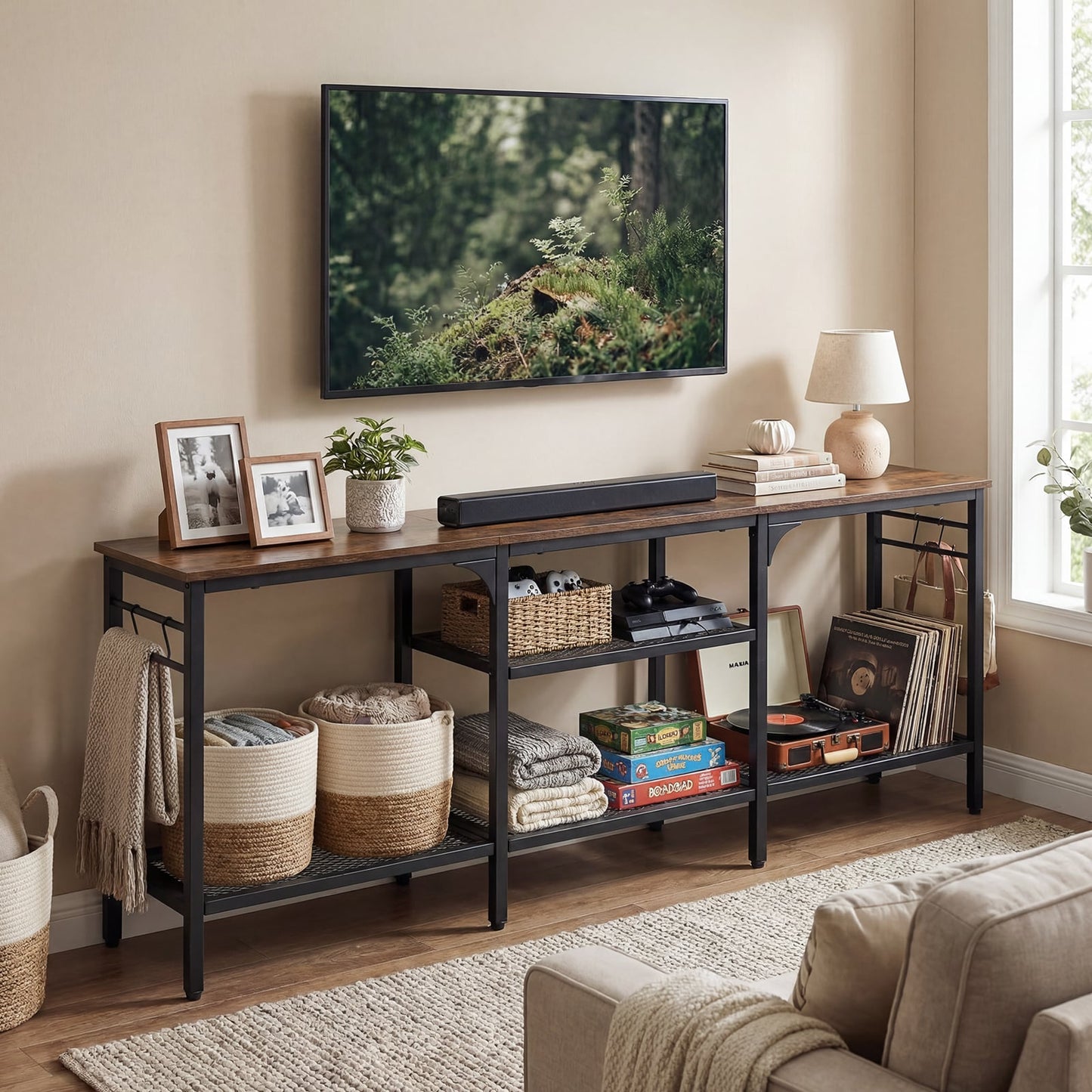 Industrial Entertainment TV Stand for 65" TVs with Metal Mesh Shelves and 4 Hanging Hooks-Rustic Brown
