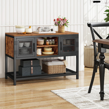 Industrial Entryway Table with Storage Sideboard Buffet Cabinet with 2 Metal Mesh Doors-Rustic Brown