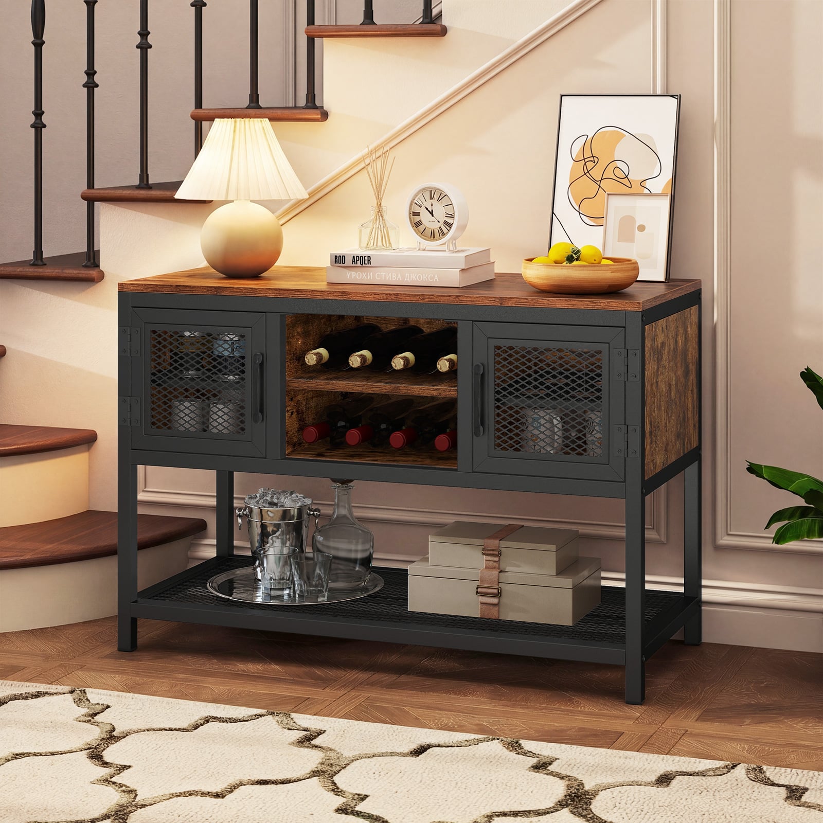Industrial Entryway Table with Storage Sideboard Buffet Cabinet with 2 Metal Mesh Doors-Rustic Brown