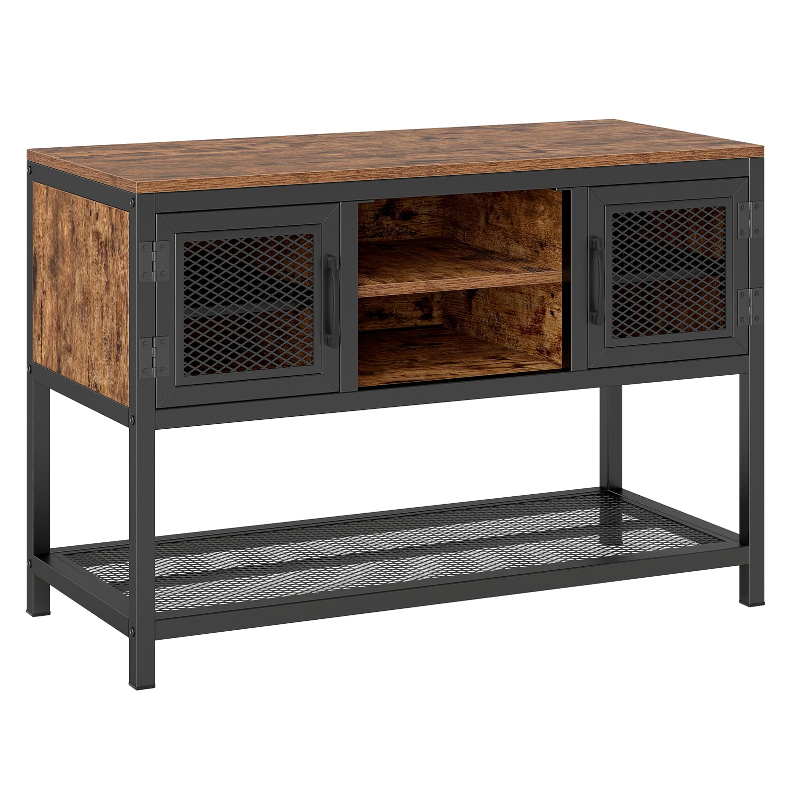 Industrial Entryway Table with Storage Sideboard Buffet Cabinet with 2 Metal Mesh Doors-Rustic Brown