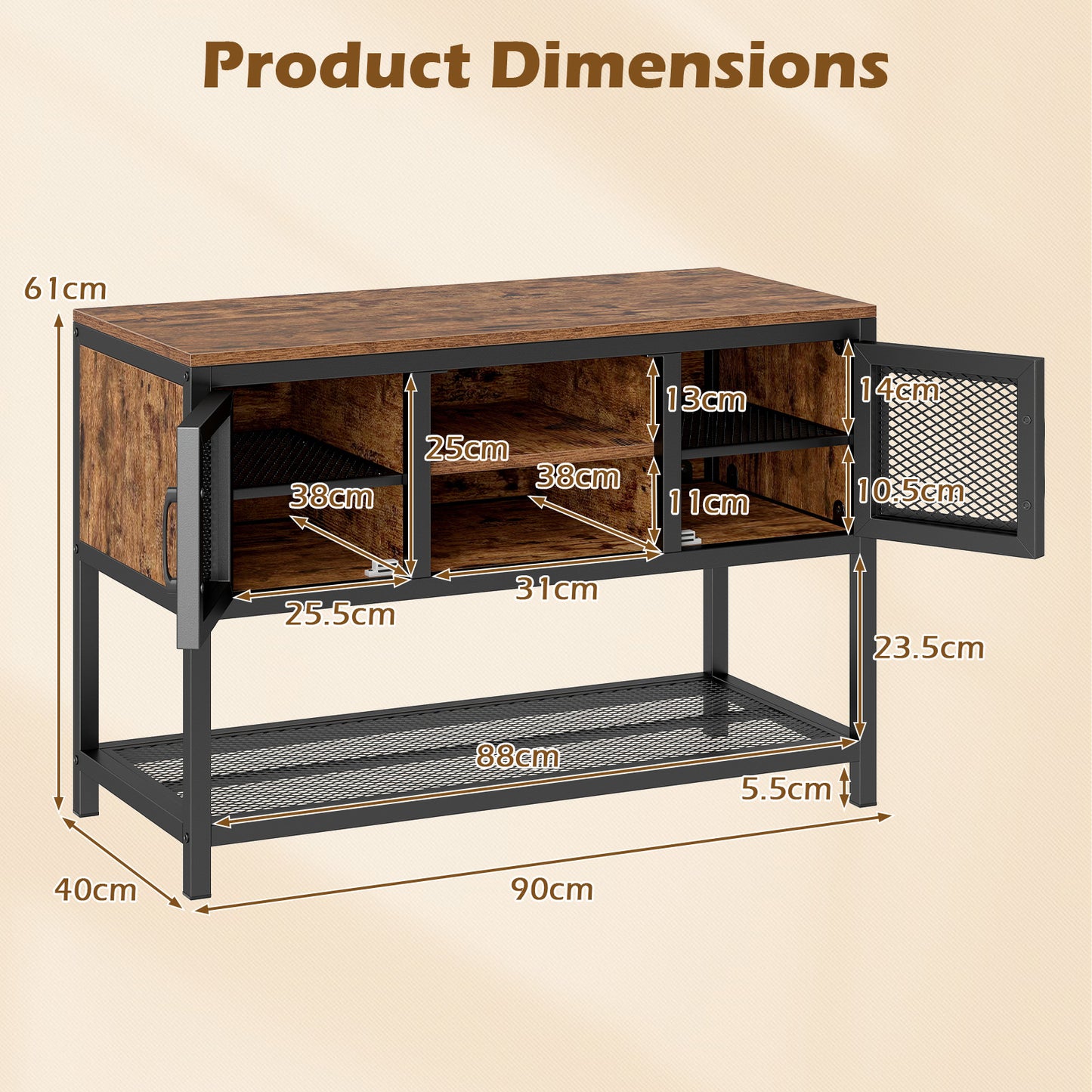 Industrial Entryway Table with Storage Sideboard Buffet Cabinet with 2 Metal Mesh Doors-Rustic Brown