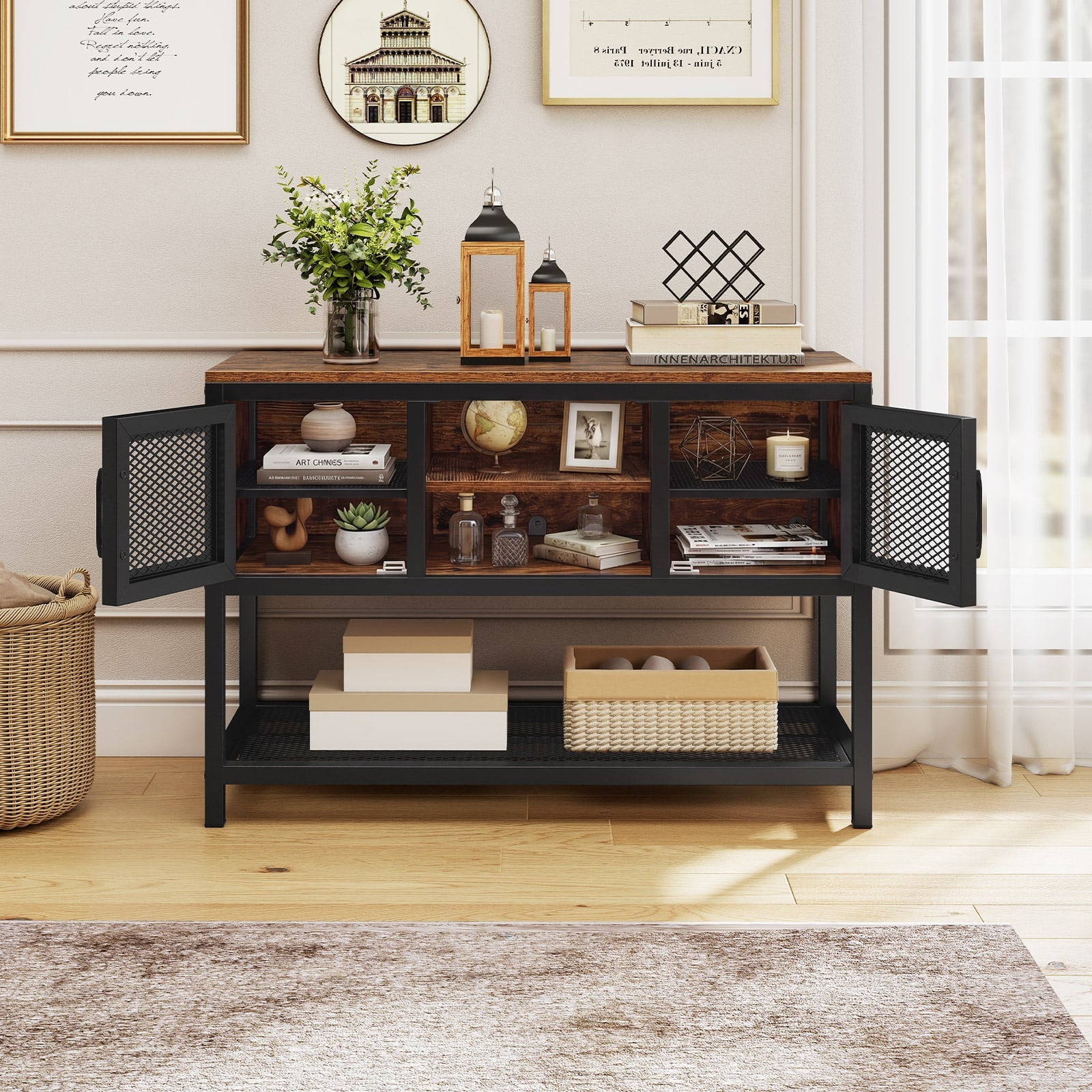 Industrial Entryway Table with Storage Sideboard Buffet Cabinet with 2 Metal Mesh Doors-Rustic Brown