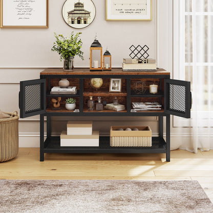 Industrial Entryway Table with Storage Sideboard Buffet Cabinet with 2 Metal Mesh Doors-Rustic Brown