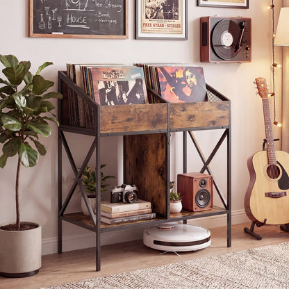 Industrial Magazine Books Record Holder with Metal Frame and Anti-tip Kits Holds up to 250 Albums-Rustic Brown