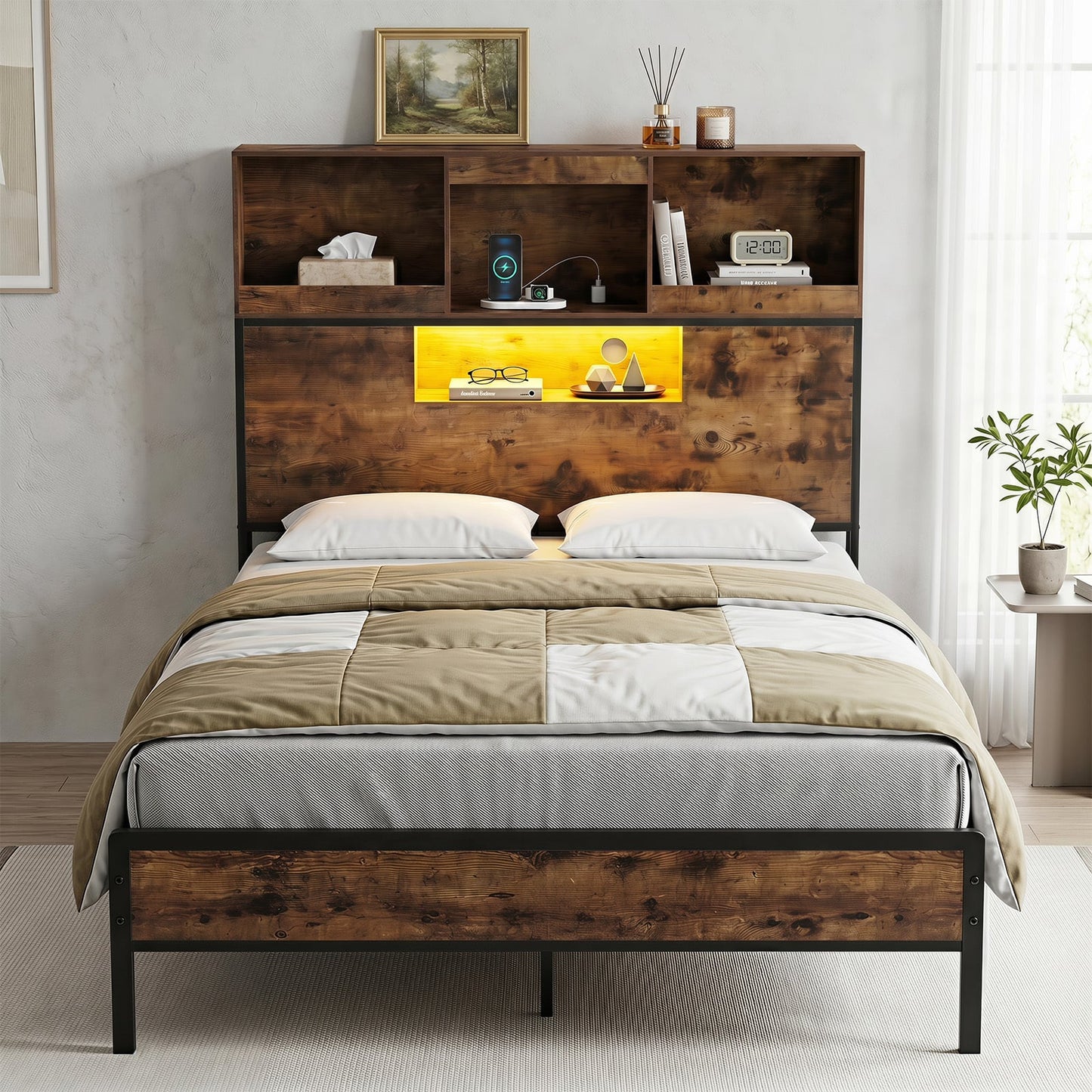 Industrial Metal Platform Bed with LED Lights and Power Outlet-King