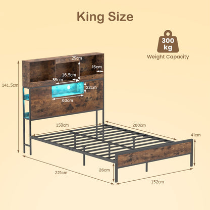 Industrial Metal Platform Bed with LED Lights and Power Outlet-King