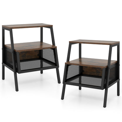 Industrial Nightstand Set of 2 with 2 Open Shelves & Mesh Compartment for Small Spaces-Rustic Brown