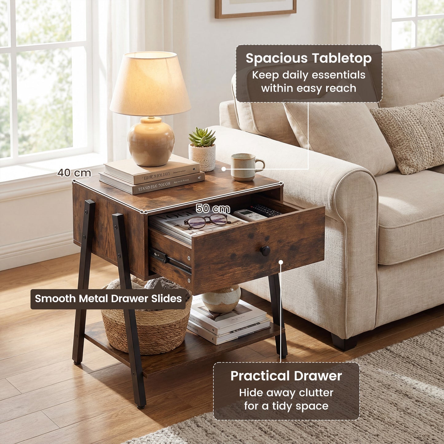 Industrial Nightstand Set of 2 with Drawer and Storage Shelf-Rustic Brown