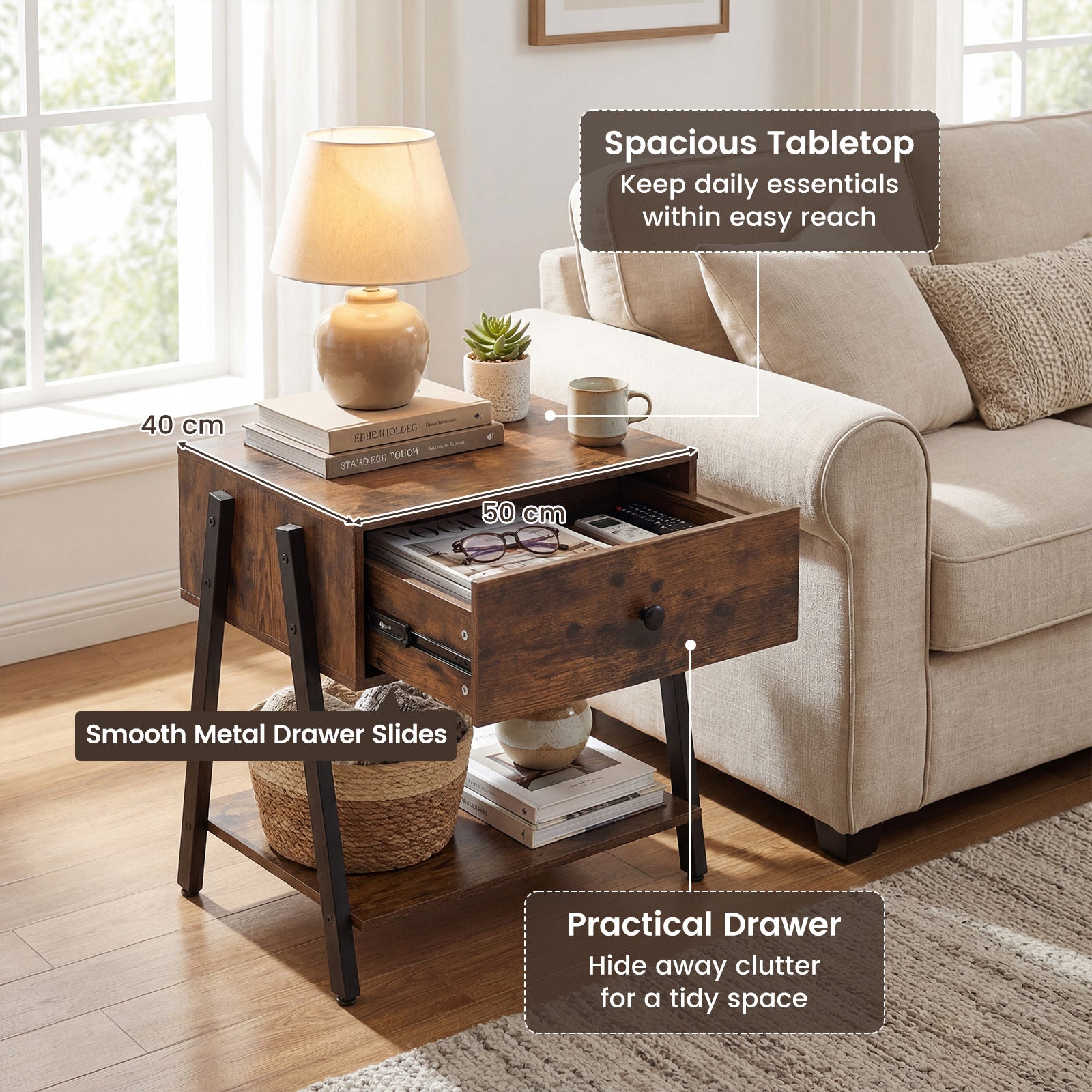 Industrial Nightstand Set of 2 with Drawer and Storage Shelf-Rustic Brown