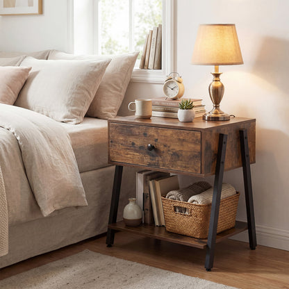 Industrial Nightstand with Drawer and Open Shelf & Adjustable Foot Pads-Rustic Brown