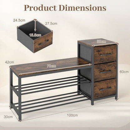Industrial Shoe Bench with 3 Removable Drawers and Anti-Toppling Kits for Entryway-Rustic Brown