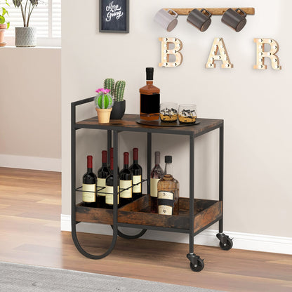 Rolling Buffet Serving Bar Cart with Removable Wine Rack-Rustic Brown