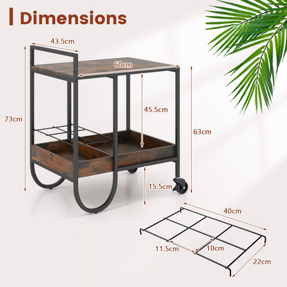 Rolling Buffet Serving Bar Cart with Removable Wine Rack-Rustic Brown