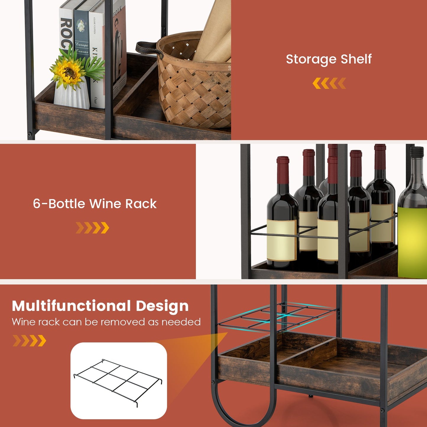Rolling Buffet Serving Bar Cart with Removable Wine Rack-Rustic Brown