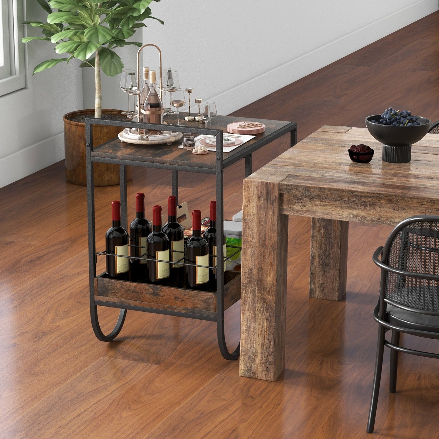 Rolling Buffet Serving Bar Cart with Removable Wine Rack-Rustic Brown