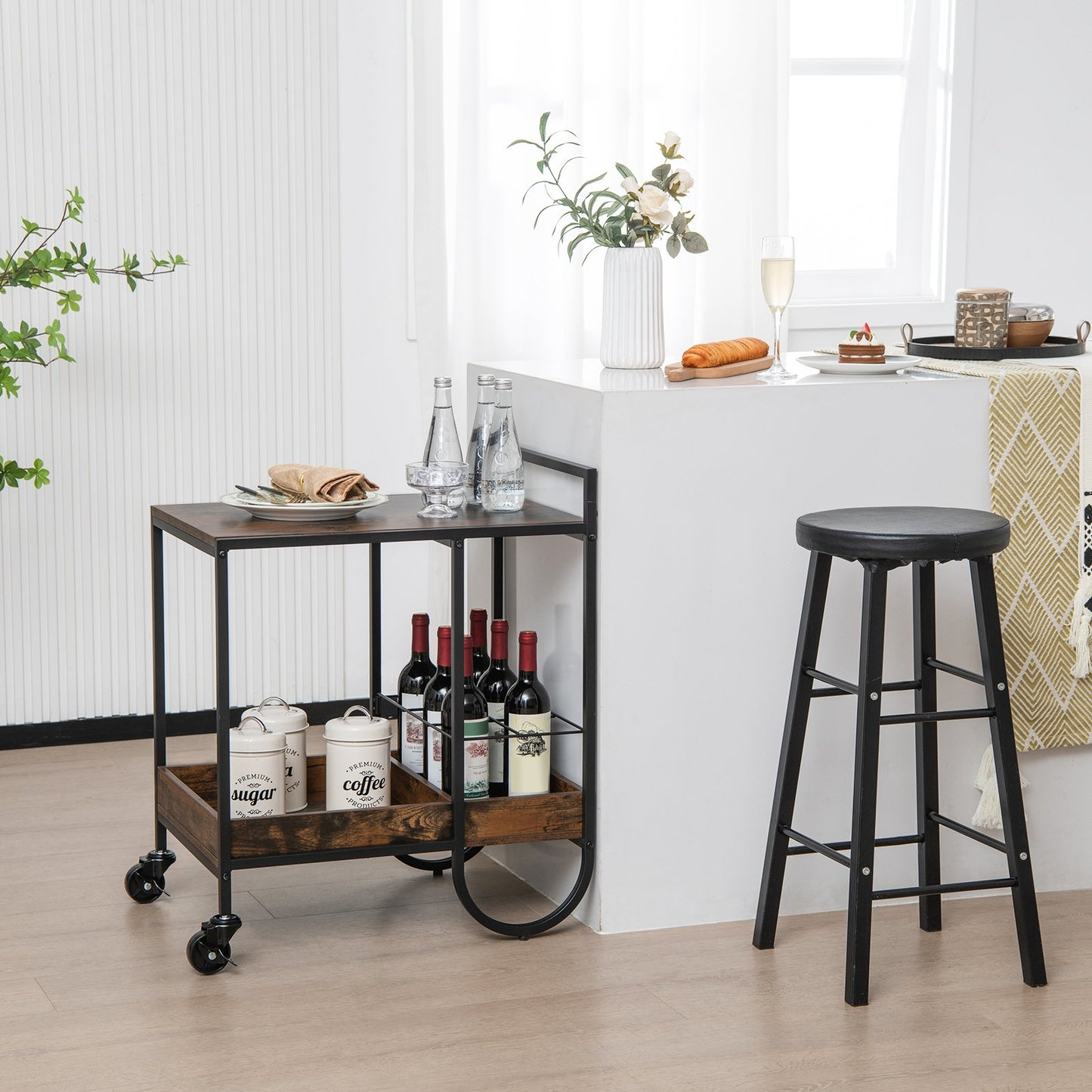 Rolling Buffet Serving Bar Cart with Removable Wine Rack-Rustic Brown