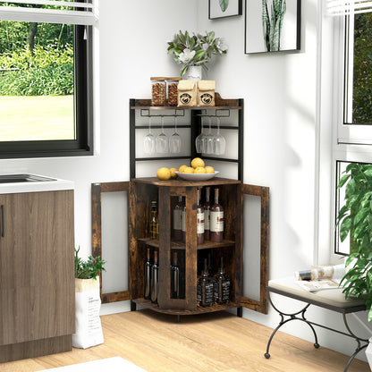 Industrial Corner Bar Wine Cabinet with Metal Mesh Doors and Adjustable Shelf-Brown