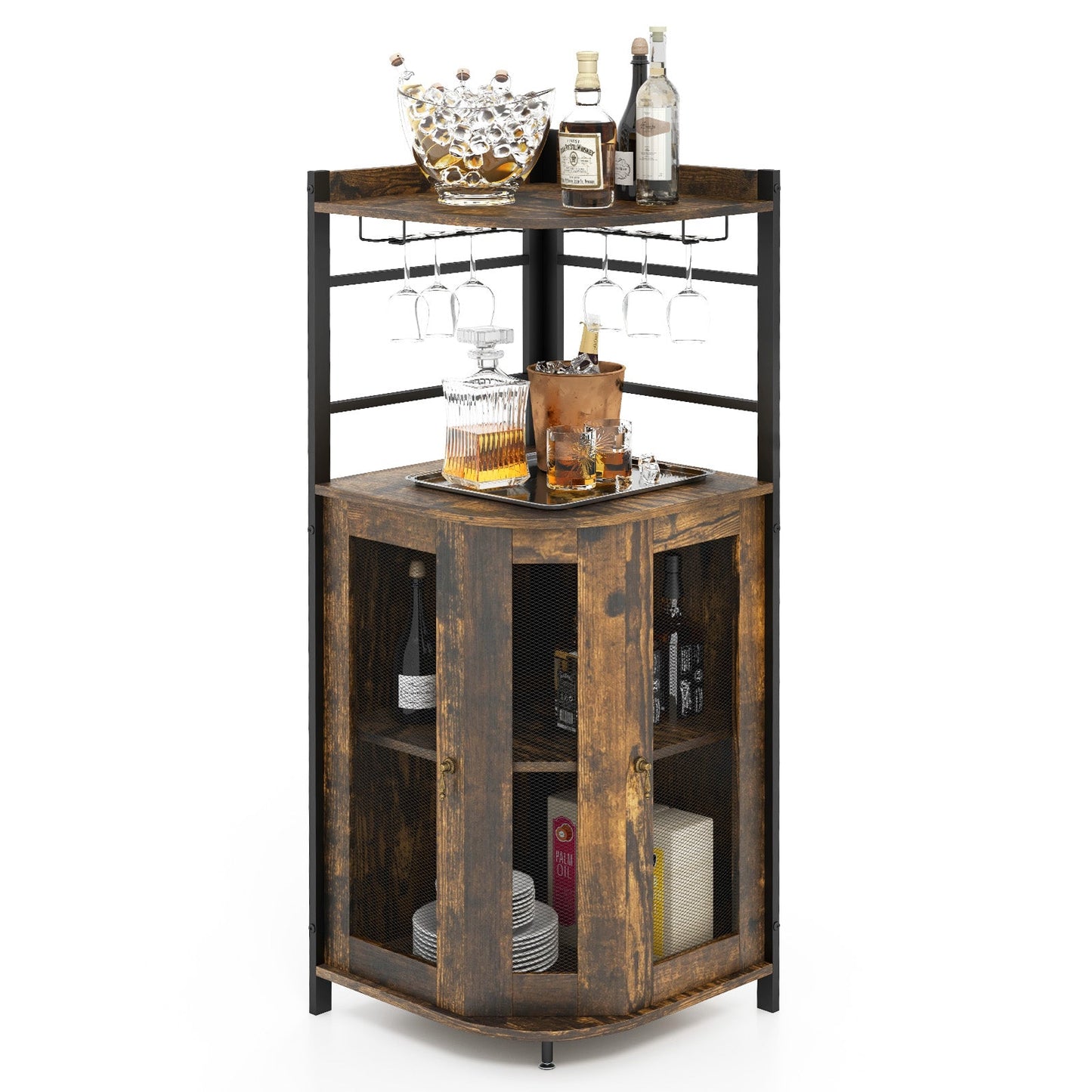 Industrial Corner Bar Wine Cabinet with Metal Mesh Doors and Adjustable Shelf-Brown