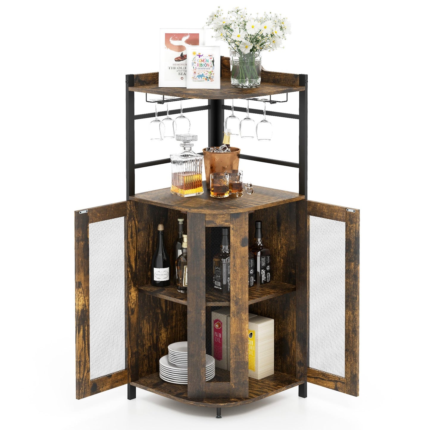 Industrial Corner Bar Wine Cabinet with Metal Mesh Doors and Adjustable Shelf-Brown
