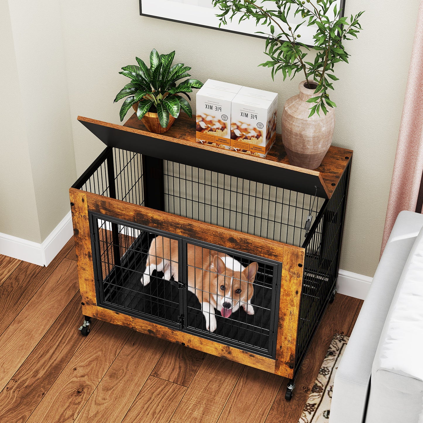 Industrial Dog Kennel with Flip-up Top and 3 Lockable Doors-Rustic Brown