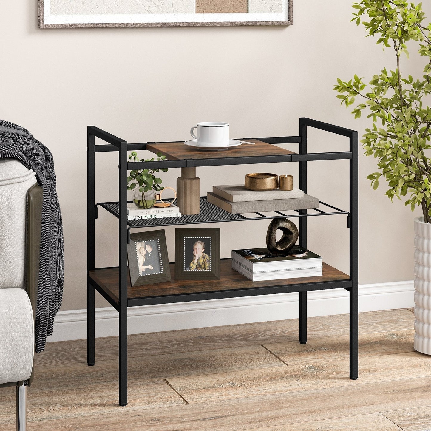 Sofa Side Table with Removable Panel and Mesh Shelf-Rustic Brown