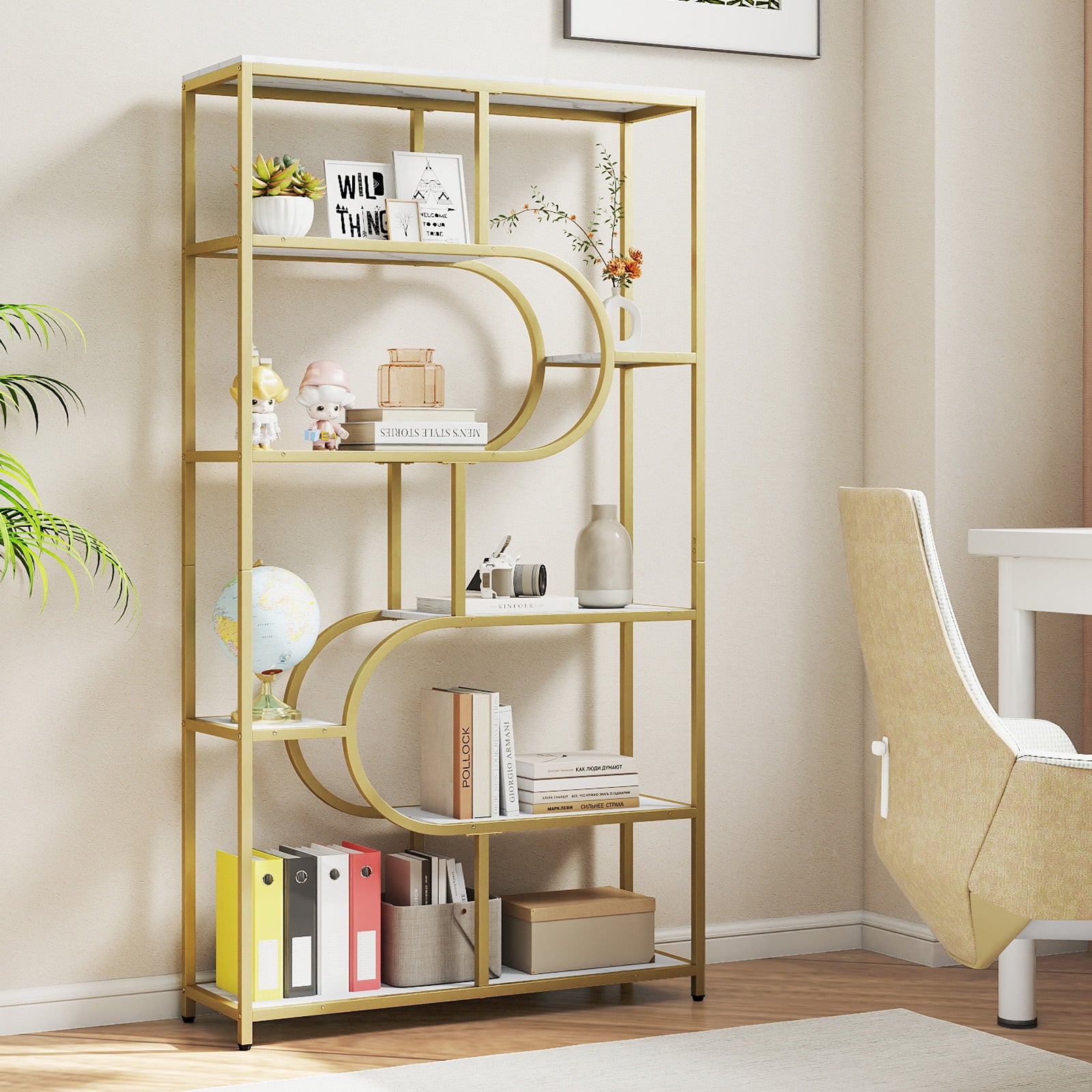Industrial Etagere Bookcase with Open Storage Shelves and Metal Frame-White & Golden