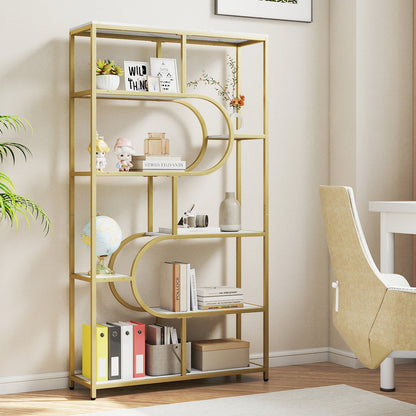Industrial Etagere Bookcase with Open Storage Shelves and Metal Frame-White & Golden