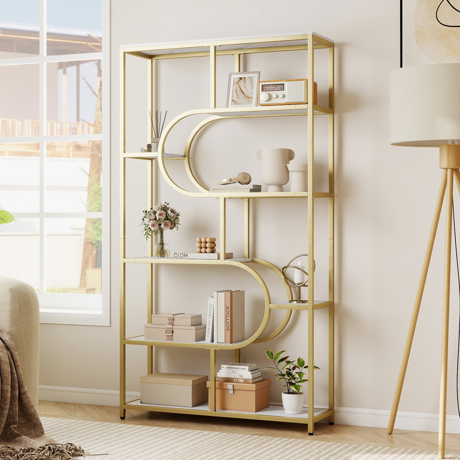Industrial Etagere Bookcase with Open Storage Shelves and Metal Frame-White & Golden