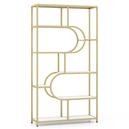 Industrial Etagere Bookcase with Open Storage Shelves and Metal Frame-White & Golden