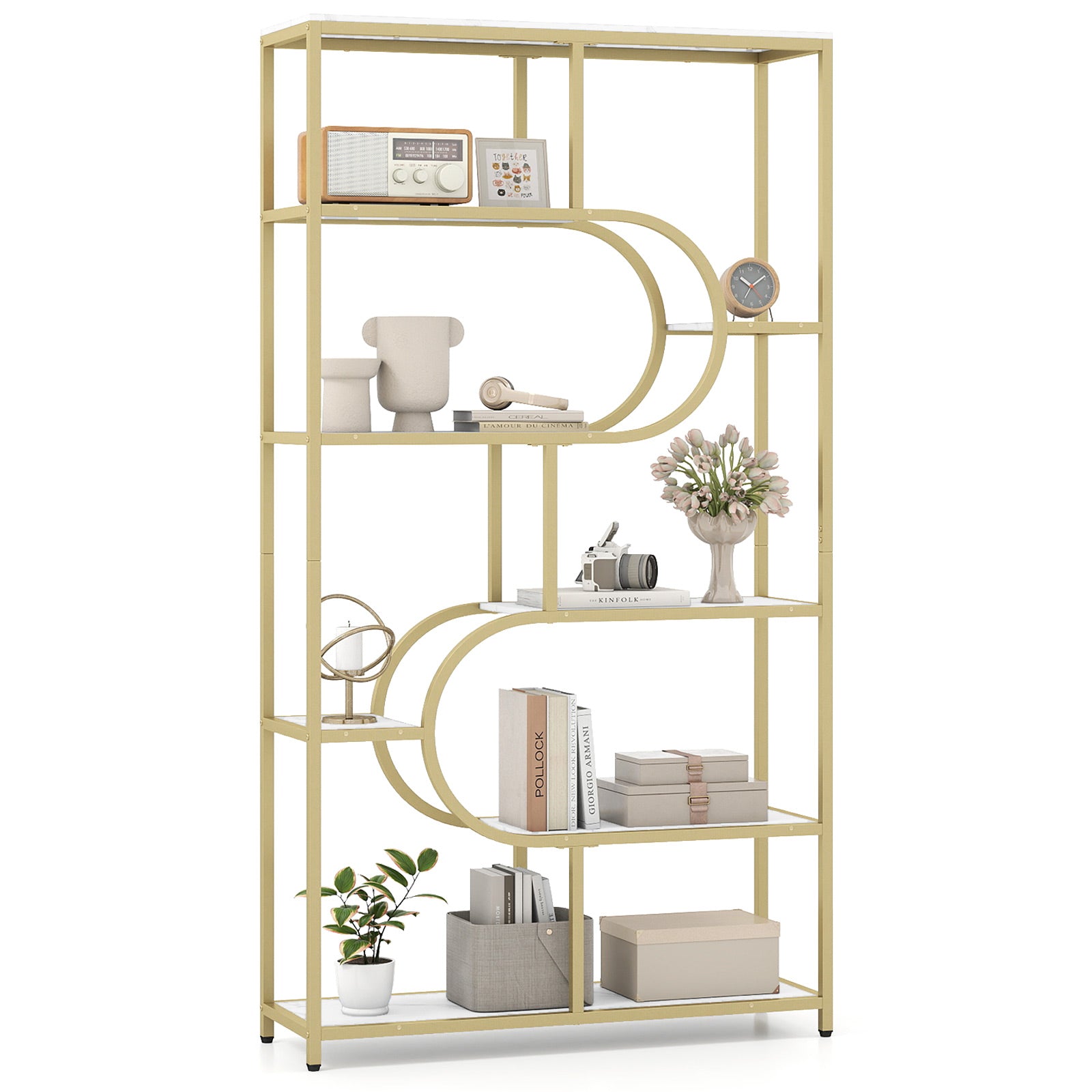 Industrial Etagere Bookcase with Open Storage Shelves and Metal Frame-White & Golden