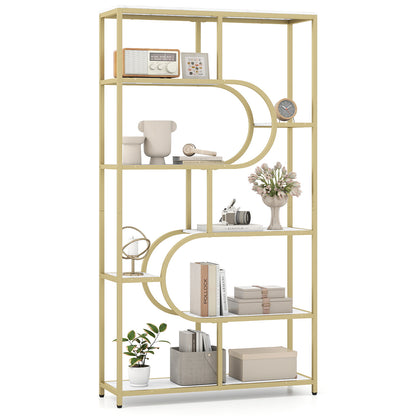 Industrial Etagere Bookcase with Open Storage Shelves and Metal Frame-White & Golden